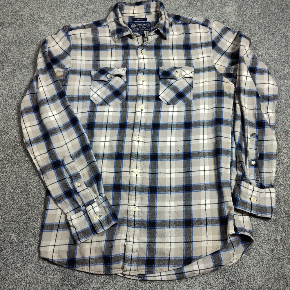 American Rag Men's S Gray Blue Plaid Flannel Button Shirt Long Sleeve Pockets
